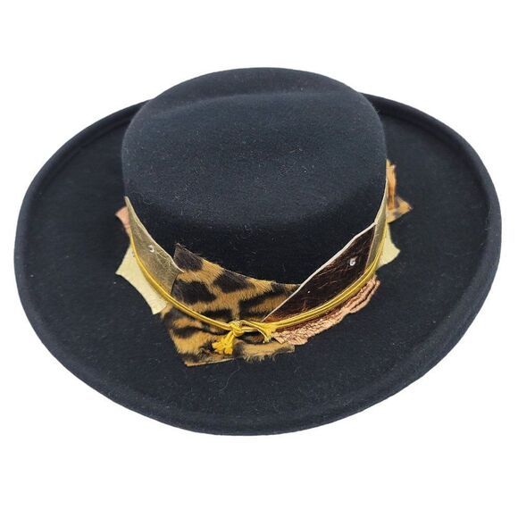 Vintage 50\'s Womens Sonni Hat Fedora Black Gold‎ Animal Patchwork Accent Madonna main image 4